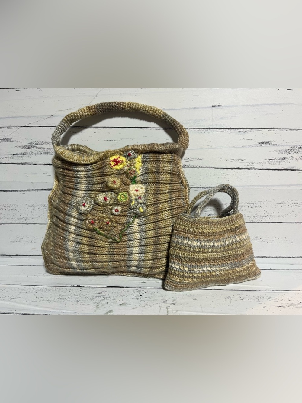 Handmade Crochet Handbag Set Floral Design with Matching Mini Bag Neutral Tones